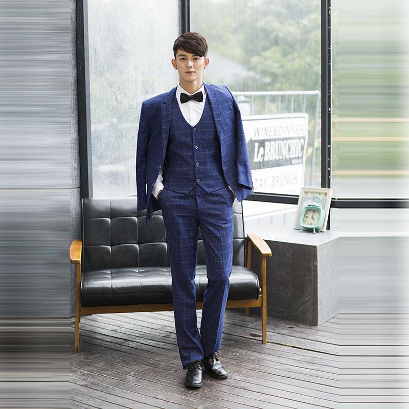 Men's Blue Plaid Slim Fit Blazer & Suit Set - Korean Style Two-Button Casual Tuxedo