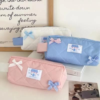 Korean INS Cute Macaron Color Bow Soft Bubble Pencil Case Kawaii Girls Stationery Pen Pouch School Supplies Cute Portable Storage Bag