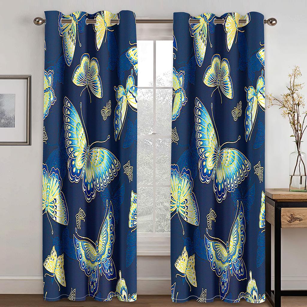Modern Colorful Design Blue Butterfly Flower 2 Pieces Thin Shading Window Drape Curtains for Living Room Bedroom Home Decor Hook