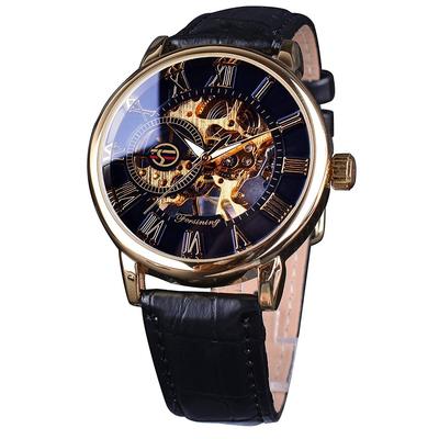 Un Bel Tocco Antique Style Skeleton Mechanical Watch Mens Manual Wind Classical (Black/Gold)