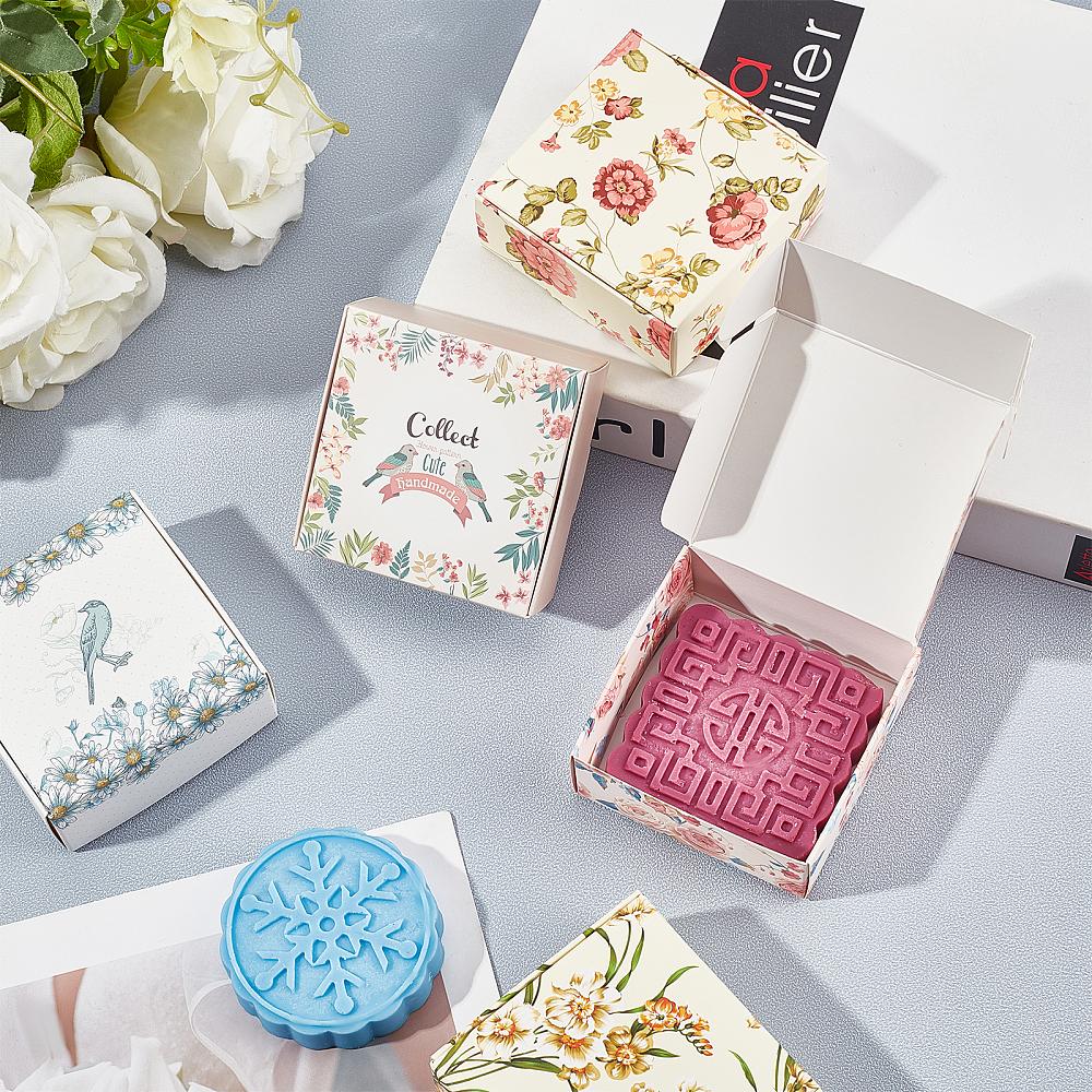 1set Flower Pattern Paper Gift Boxes Folding Boxes for Jewelry Square Mixed Color 7.5x7.5x3cm 5 colors 6pcs/color 30pcs/set