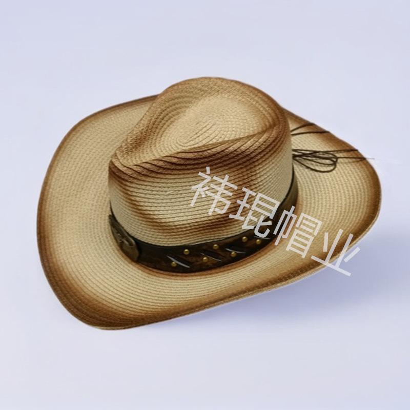New cow head decorative belt, western denim straw hat, men's and women's outdoor sunscreen hat, European and American fashion hat