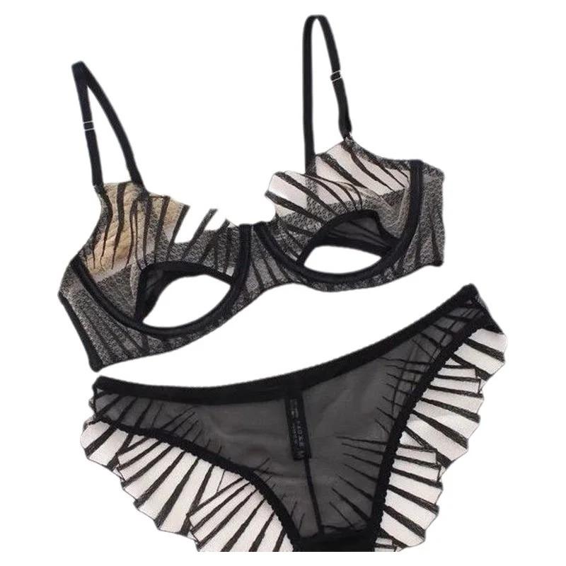 Women Lingerie Set Mesh Ultra-thin Hollow Out Bra Set 2 Piece Bra and Brief Underwear Set Floral Korean Embroidery Intimate