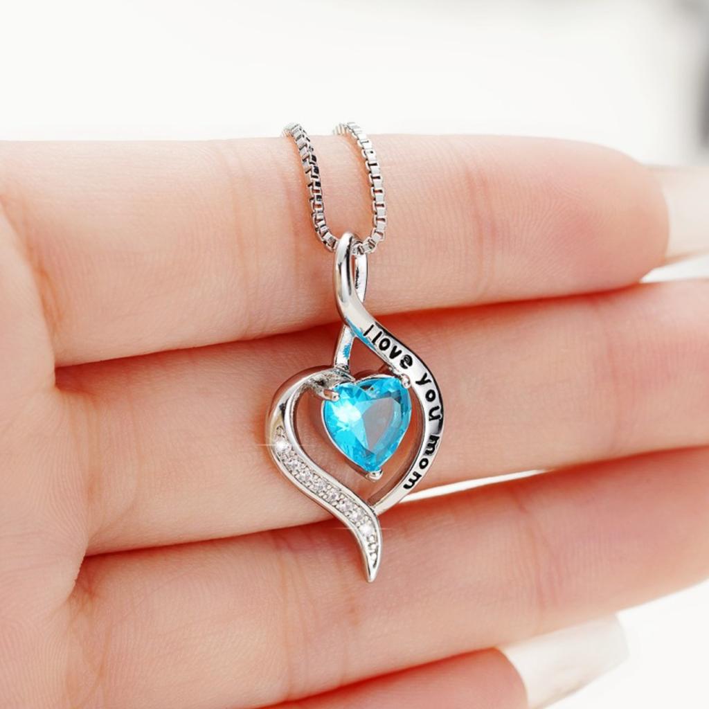 I Love You Mom Engraved Heart Pendant Necklace with Blue Center Stone and Sparkling Accent Sentimental Mother Jewelry for Women