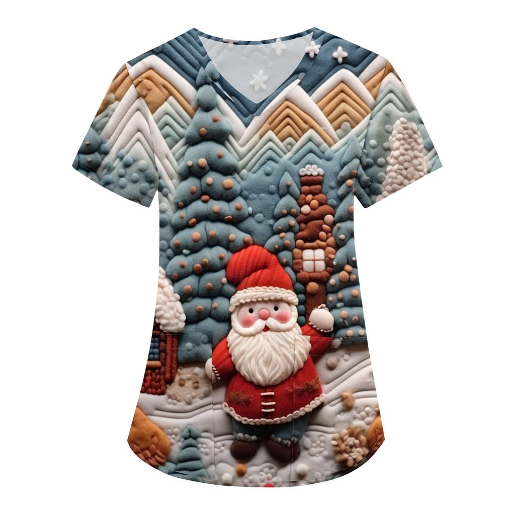 Women's Christmas Print Loose V-Neck Pocket Short-Sleeved Uniform