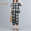 Women's 2 Piece Lounge Set Casual Plaid Plus Size Short Sleeve Top And Tracksuit Pants Set Summer Loose Outfit