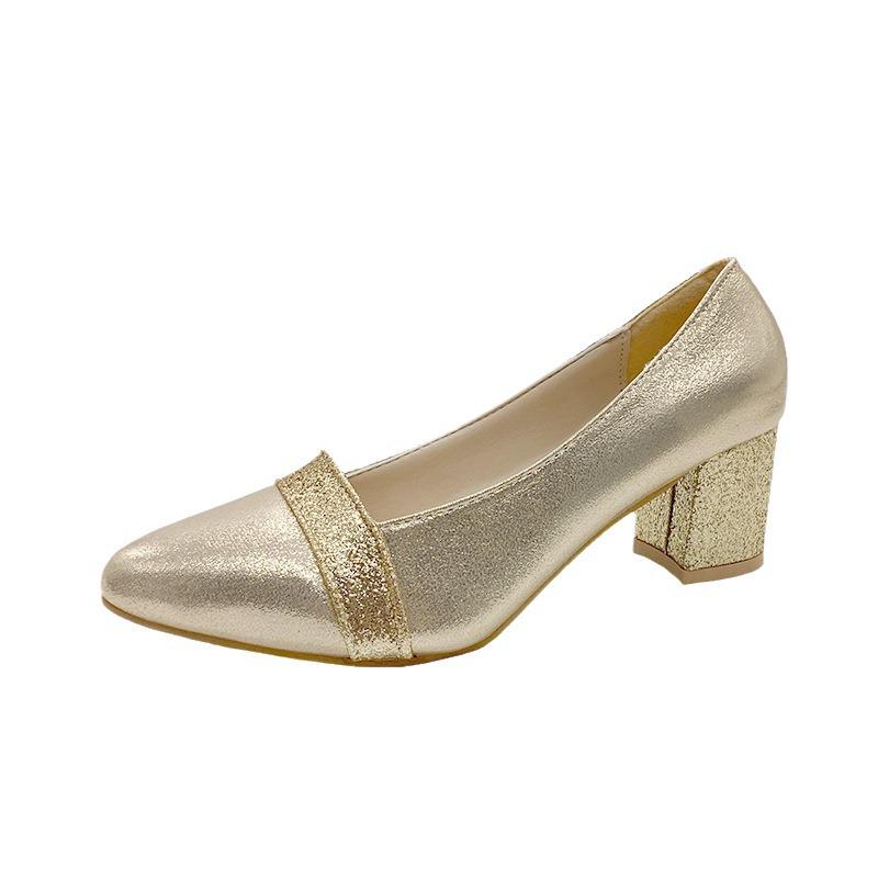 2025 Spring Women's High Heels: Pointed Toe Chunky Heel Slip-On Shoes with Rhinestones, Large Sizes Available