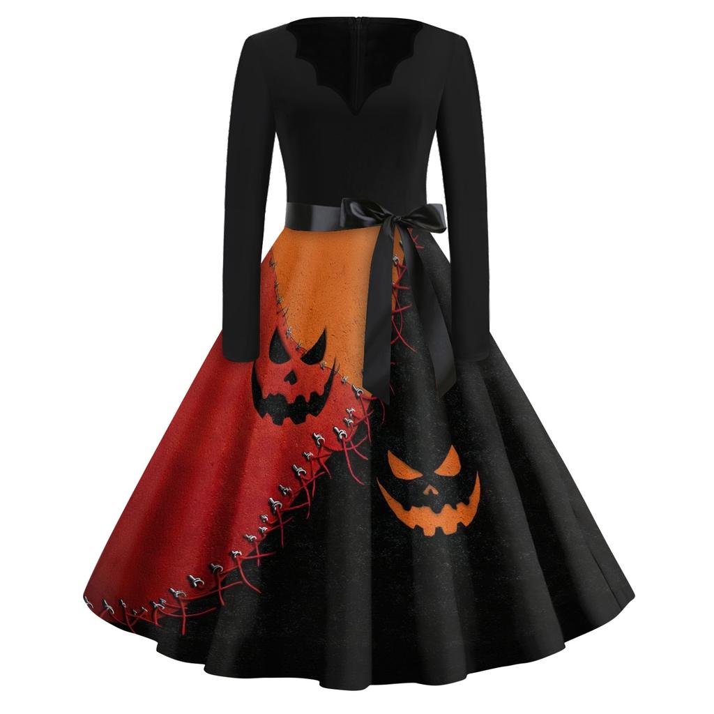 Women's Vintage Halloween Print V-Neck Dress, Casual Party Outfit for Celebrations