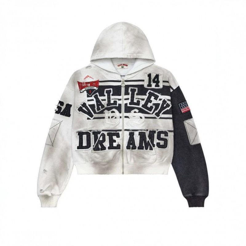 Mens Oversized Hooded Sweatshirt With 3D Graphic Print Washed Effect Drop Shoulder Zipper Front Casual Streetwear