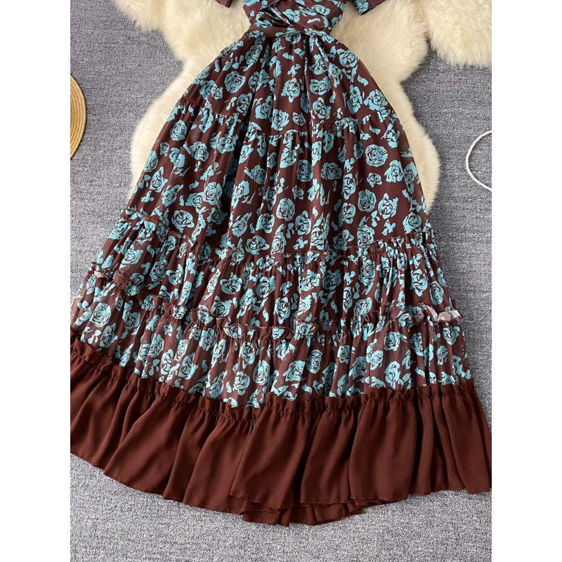 Tea Break French Style Fancy Floral Dress Women's Summer Stylish Waist-Tight Seaside Vacation Style Fairy Long Skirt