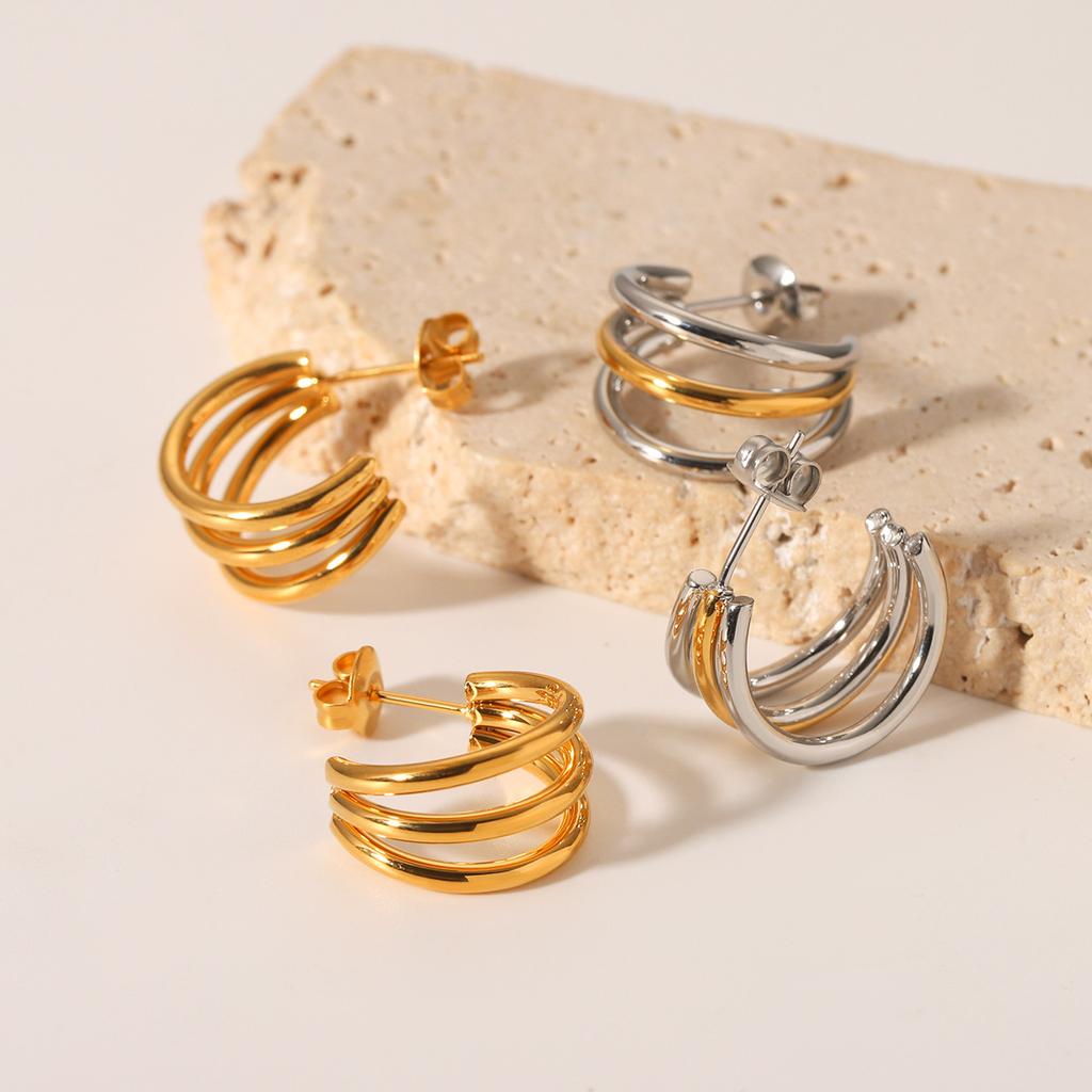 Three Layer Line Design Titanium Steel Earrings For Women Hypoallergenic Gold Fade Resistant Jewelry Ear Studs