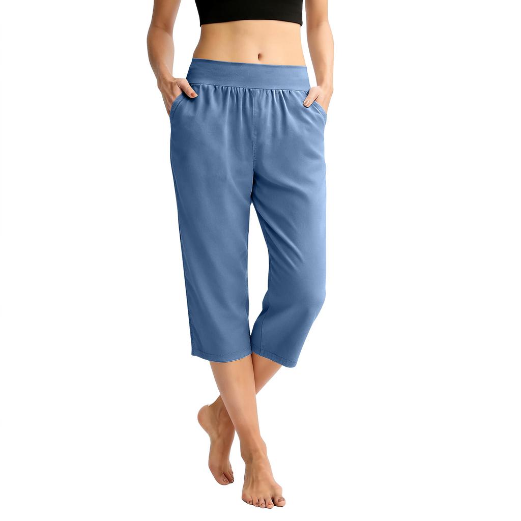Women Elastic High Waist 3/4 Pant Casual Fit Wide Capris Leg Pants Trousers With Pockets