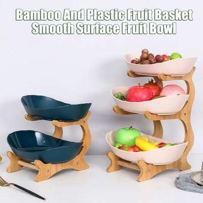 Fruit Basket Large Storage Space 36925 Layer Fruit Bowl with Natural Bamboo Shelves Plastic Fruit Basket