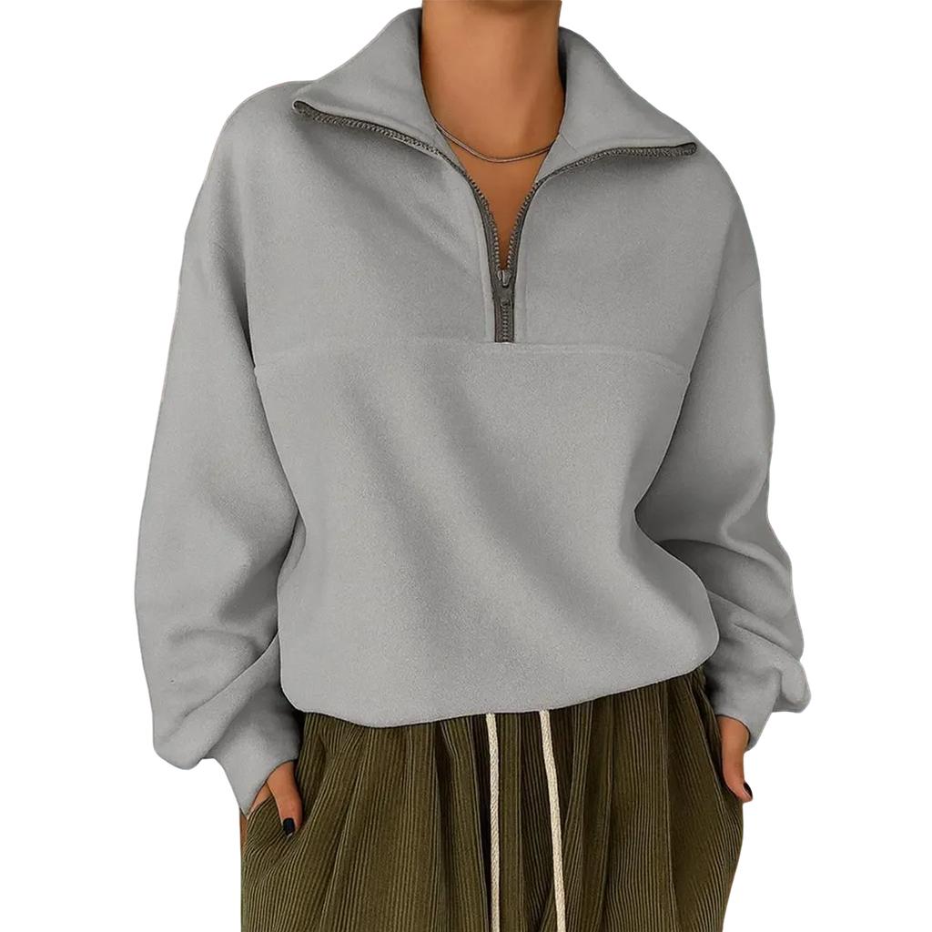 Women's Casual Loose Fashion Solid Color Long-sleeved Zipper Pullover Lapel Sweatshirt