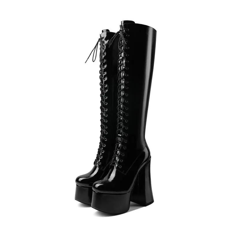 Fashion Autumn winter square head thick heel ultra high before TIE the female reach knee boots waterproof platform but knee boots