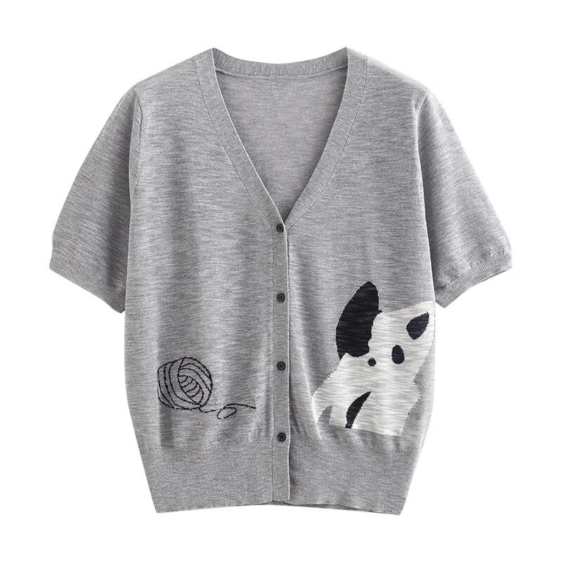 Chuyu Women's V-Neck Cat Jacquard Knit Top