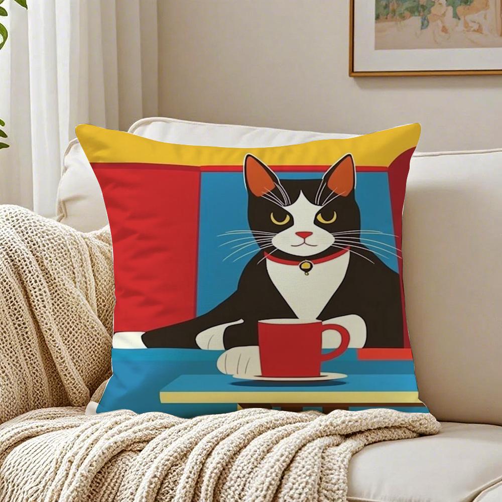 Bop Style Coffee Cats Pillow Case Double-Sided Plush Sofa Cushion Covers Organic Breathable Invisible Zipper