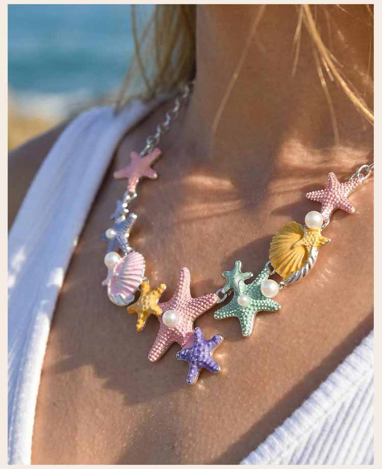 Ocean Necklace Colorful Starfish Seashell Multi Charm Silver Color Jewelry Mermaid Style Summer Beach Vacation Necklace Gift