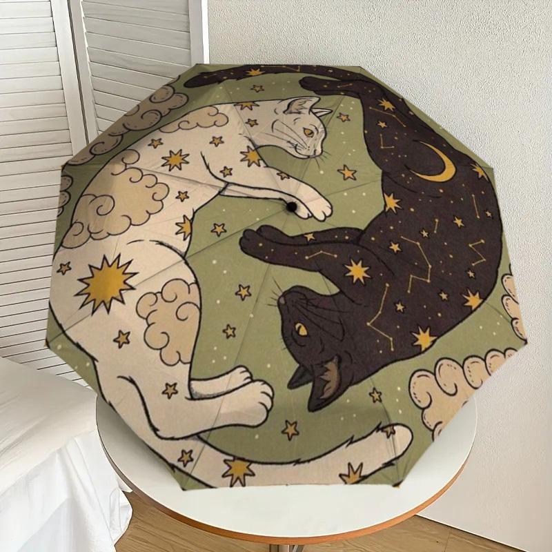 

1pc Starry Night Cats Yin Yang Umbrella with Plastic Handle,Suitable for All Seasons Home Travel Outdoor UmbrellaDD130
