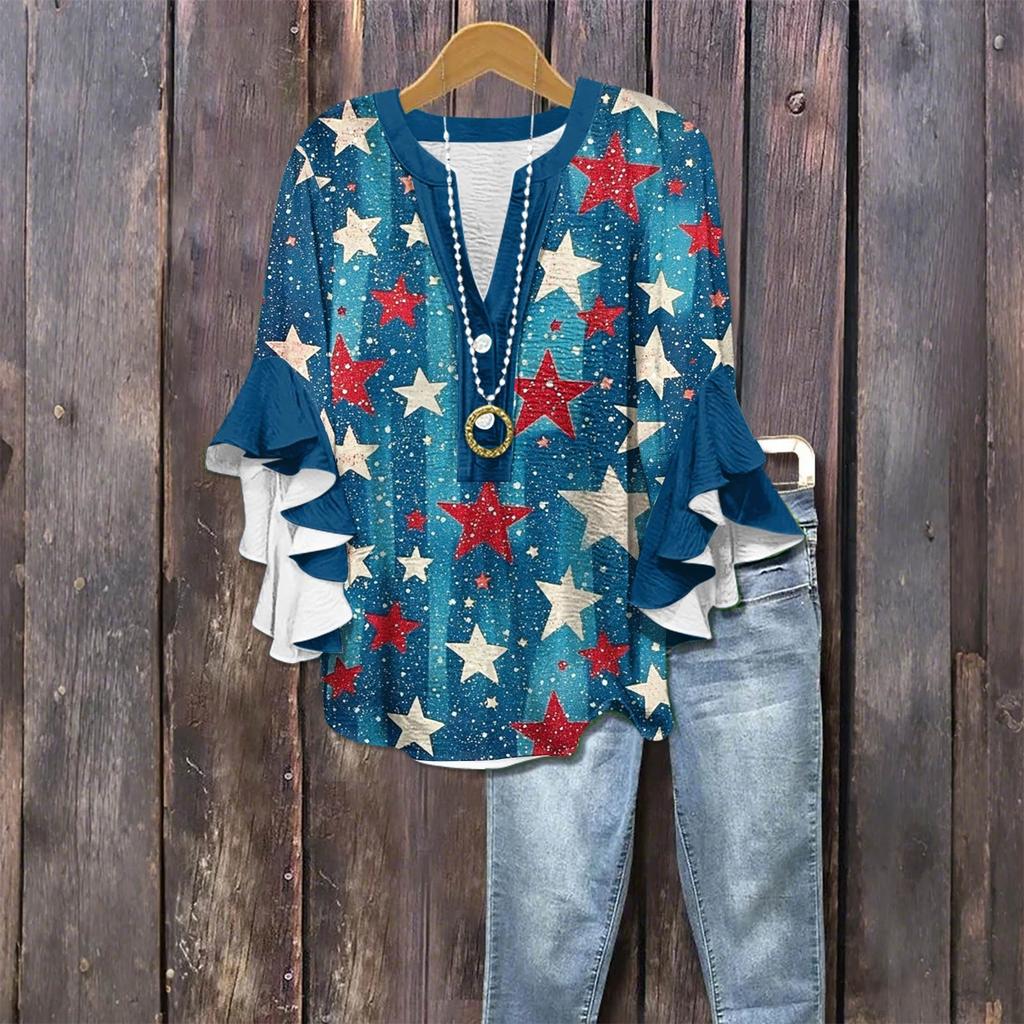 Women's Fashionable Casual Button-Down V-Neck Three-Quarter Sleeve Independence Day Printed Shirt Top