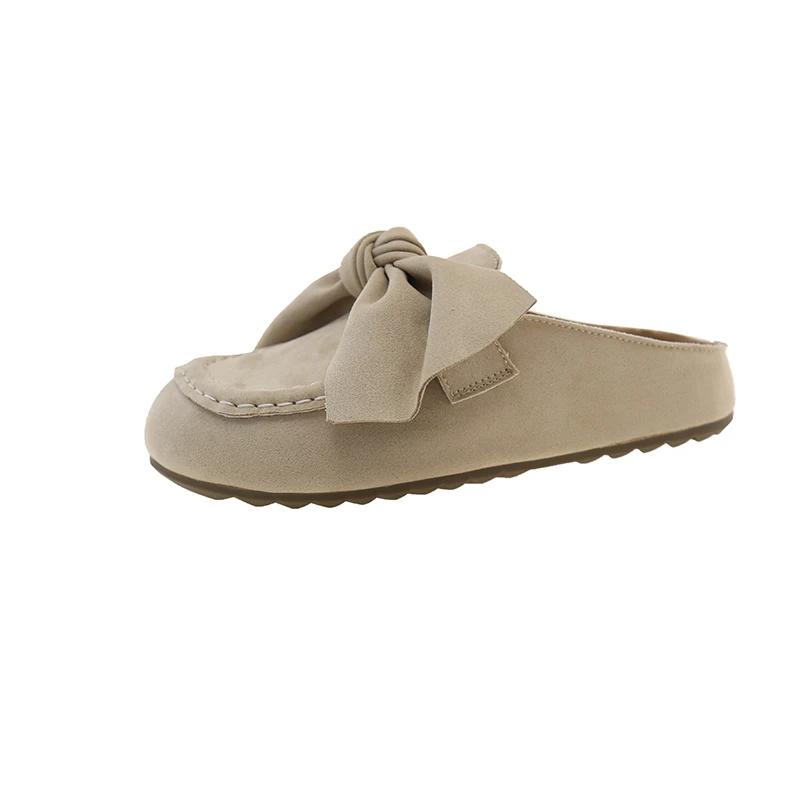 Retro Women's Slippers Bow Flat Sole Round Toe Cow Suede Women's Mules Dress Leisure Comfortable Inner Roman Zapatillas De Mujer