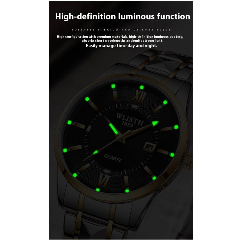 Top Brand Men's Double Calendar Luminous Waterproof Business Watch Steel Band Simple Quartz Watch
