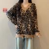 1011 Autumn and Winter New Korean Version Ripped Loose Medium and Long Personalized Women's Leopard Print Long-sleeved Pullover Sweater Knitted