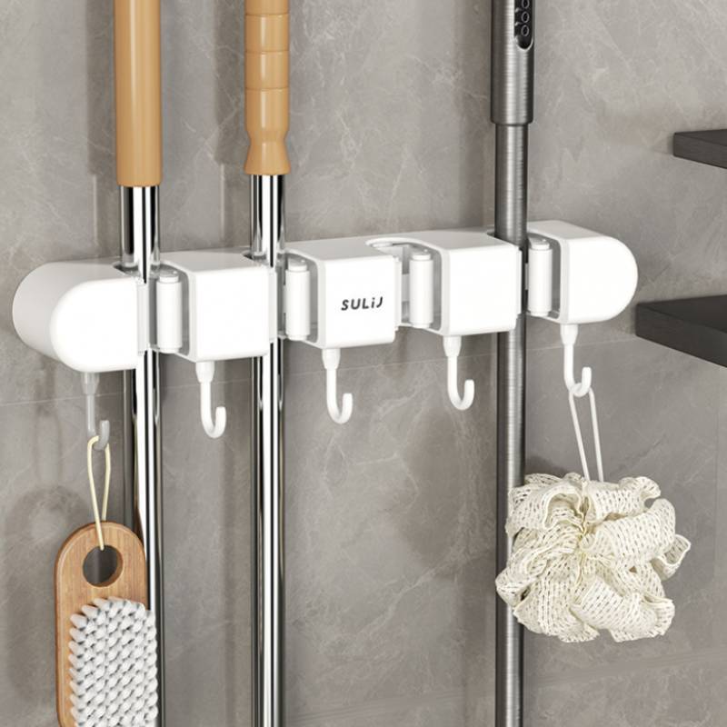 Modern Minimalist Abs Bathroom Wall Mount Mop Holder With Strong Clips And Hooks For Home Organization