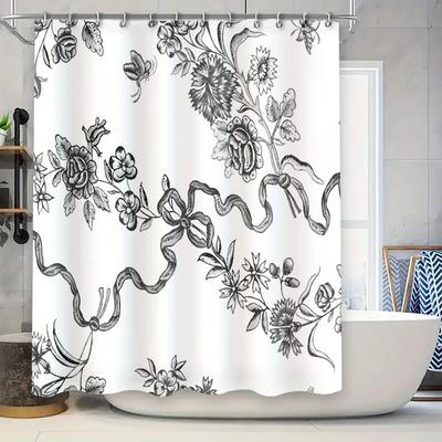 Black White Flower Print Shower Curtain Large Size Decorative Home Bathroom Accessories for Kids and Adults (180x245cm)