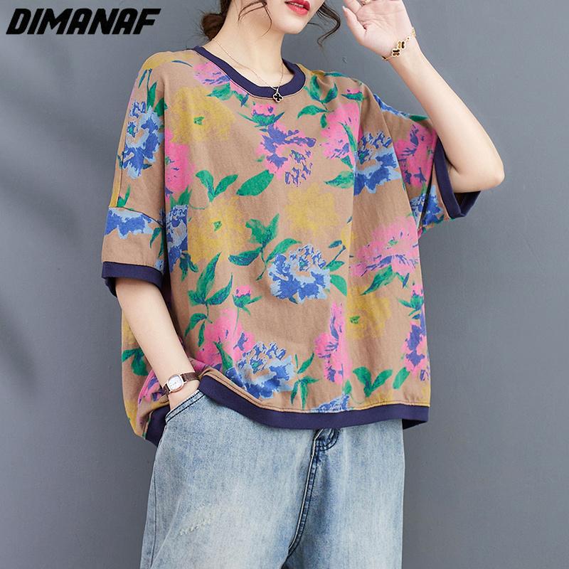 

DIMANAF Женская хлопковая футболка больших размеров с цветочным принтом и круглым вырезом, свободные летние футболки 2023 года