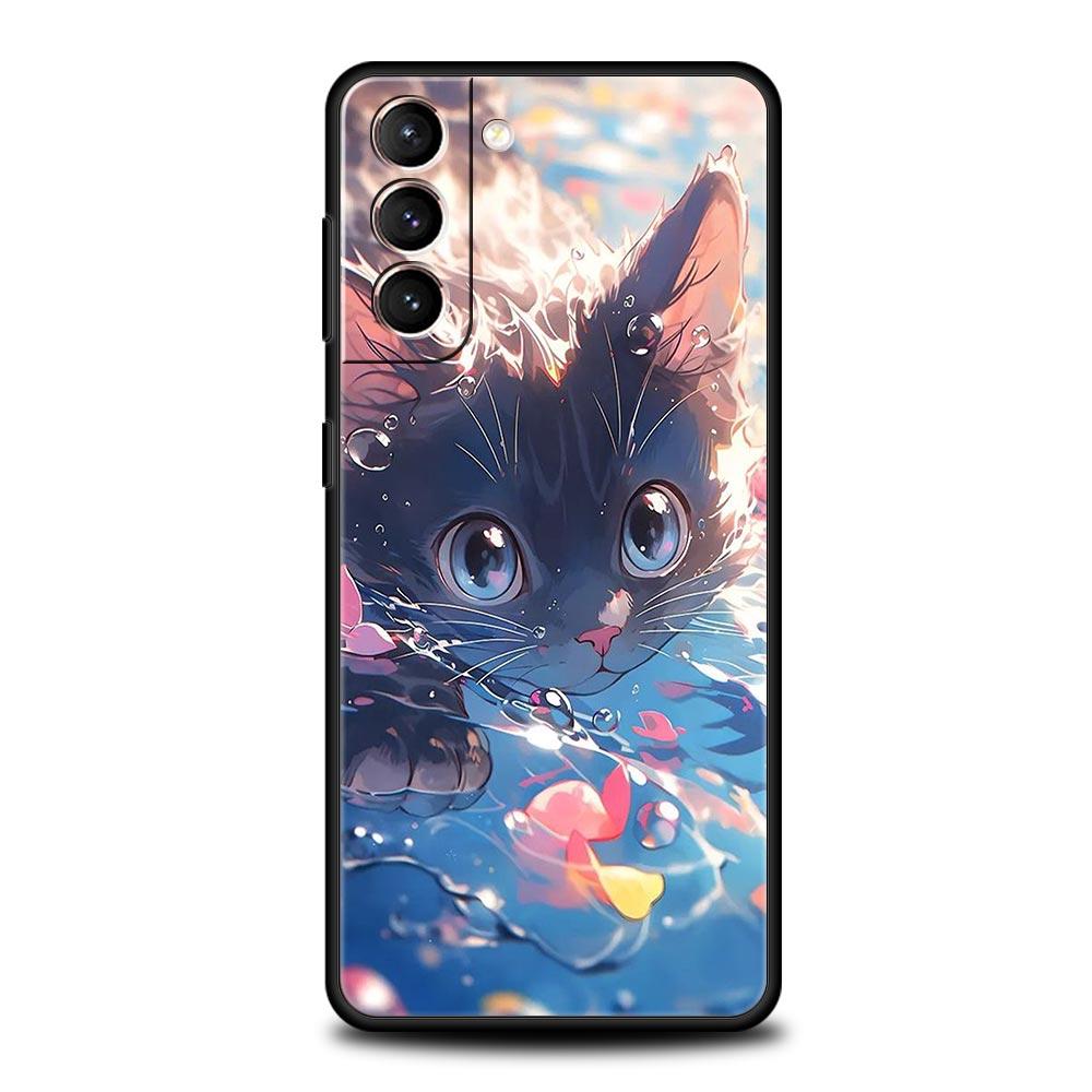 cartoon lovely cat Art fashion Phone Case For Samsung Galaxy S25 S24 S23 FE S22 Ultra S20 S21 5G S10 Plus S10E Soft Black Cover