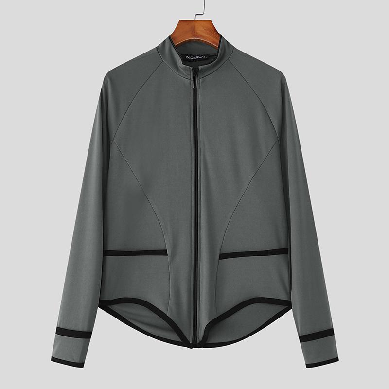 

INCERUN Men Stand Neck Zip-Up Long Sleeve Irregular Stitching T-shirts Tops 3XL серый