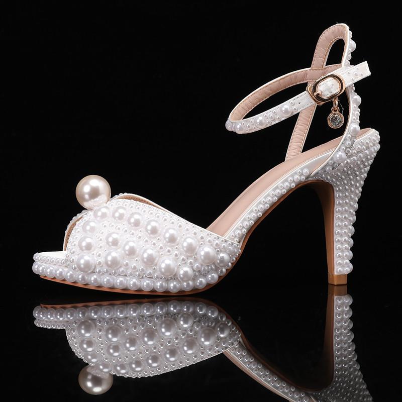 Luxury All Pearls Rhinestones Peep toe Women Sandals Ankle Strap Platform Thin High heels Elegant Bridal Wedding Shoes
