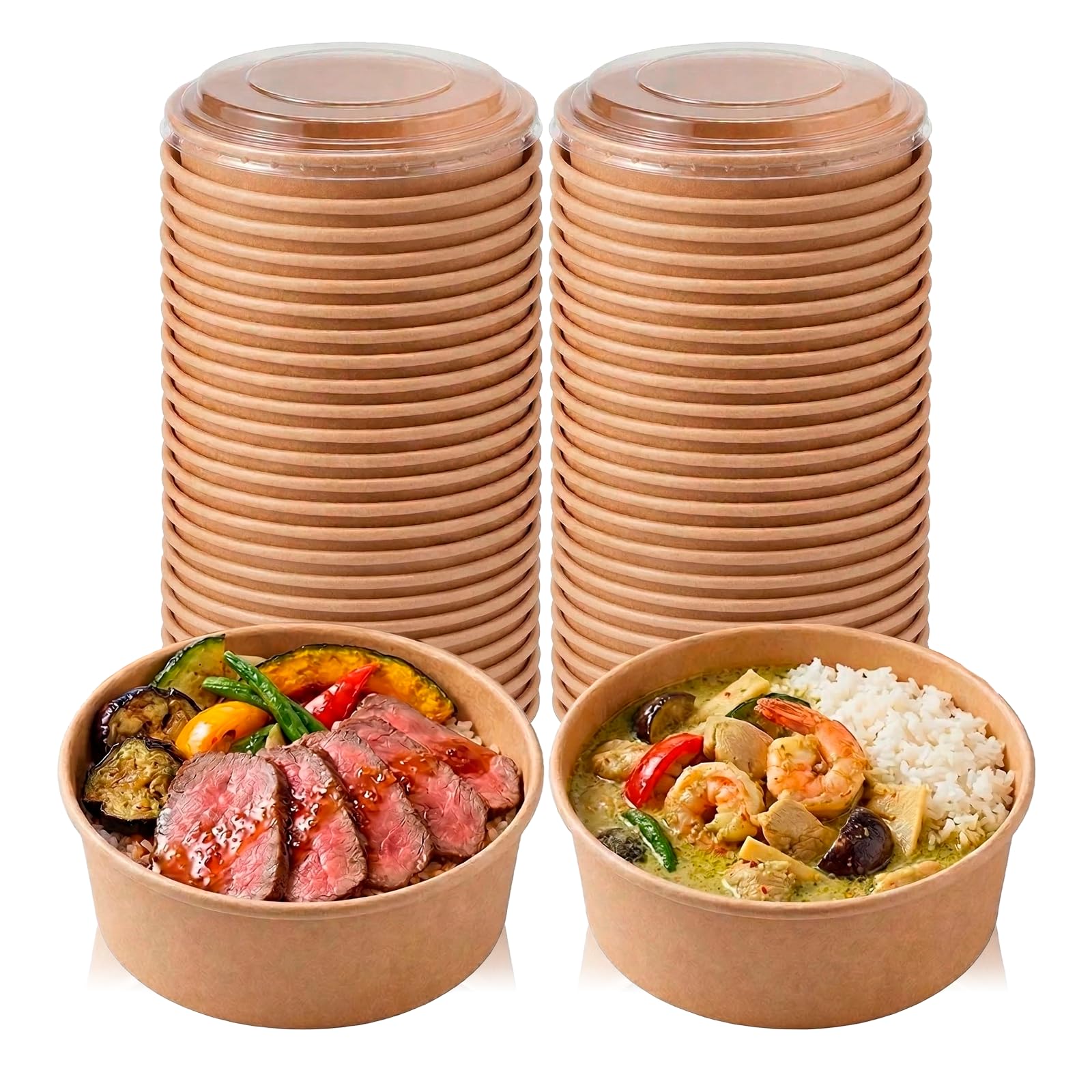 Asdays Disposable Lunch Boxes, Disposable Bowls, Disposable Containers with Lids, Kraft Paper Bowls, Paper Plates (500ml, Set of 50)