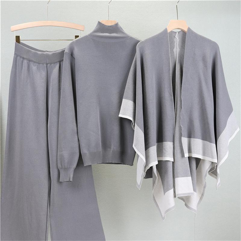 

Женский осенний шаль вязаный свитер свободные брюки с широкими штанинами костюм-тройка модный повседневный жакет свитер костюм One Size серый