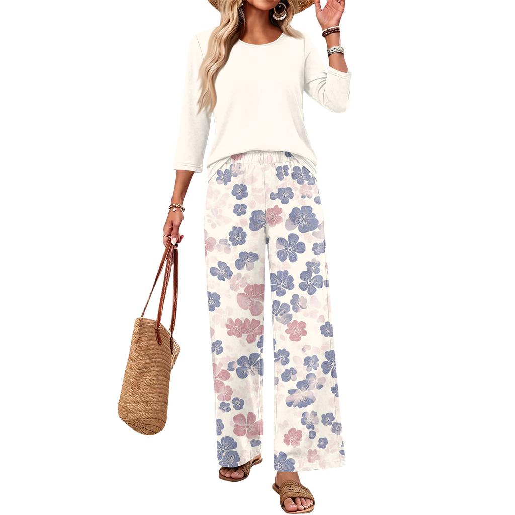 Women's Casual Two Piece Set Loose Fit Round Neck Top with Three Quarter Sleeves and Wide Leg Printed Pants Lounge Wear Set