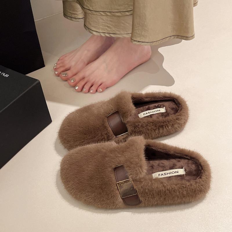 Mao Mao slippers women's autumn and winter new flat-bottomed bag head piled warm cotton slippers women