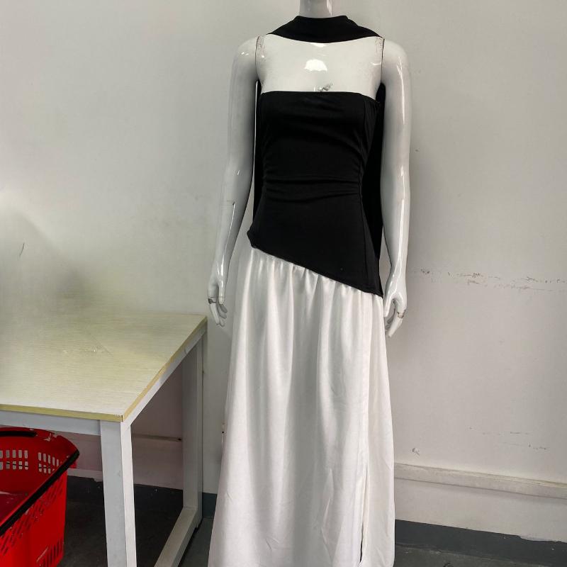 European and American spring/summer color blocked women's strapless slimming style street off shoulder dress