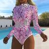 Damen Langarm Einteiler Badeanzug Reißverschluss Vorne Abstrakte Textur Print Rash Guard Surfen Badeanzug