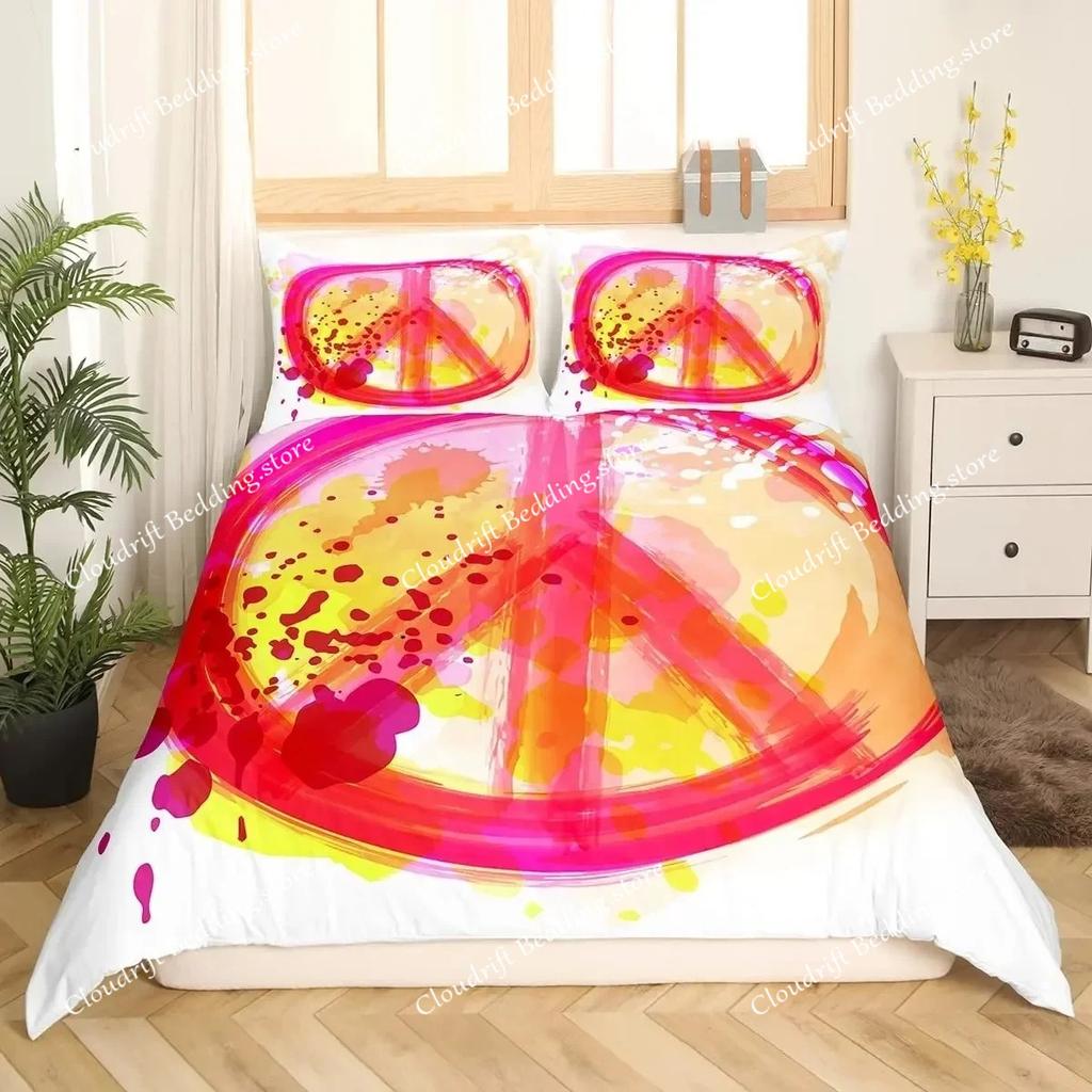 Friedenssymbol Bettbezug-Set für Kinder Jungen Mädchen, Happiness World Bettwäsche-Set 3-teilig, Queen-Size, Grün Braun Rot Weiche Schlafzimmerdeko