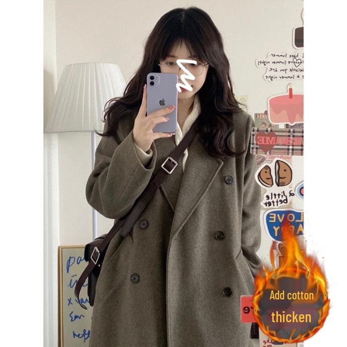 Women's Mid-Length Black Wool Coat, Winter 2025 Korean Style, Loose Slimming, Thickened Padding