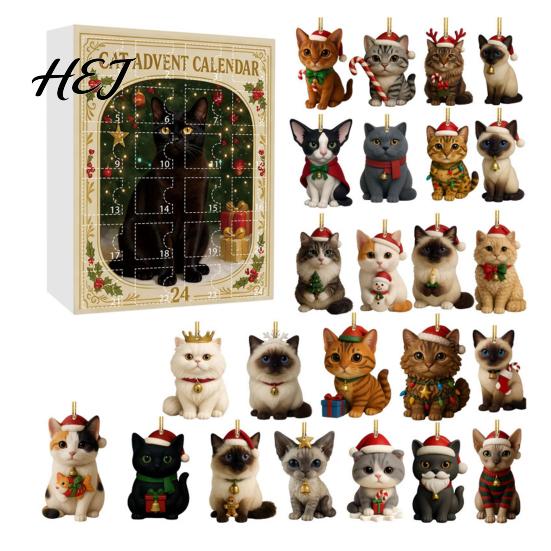 Holiday Countdown Gift Box 24 Day Cat Advent Calendar with Acrylic Christmas Ornaments, 2D Flat Animal Themed Ornaments Hanging Decorations, Xmas Tree