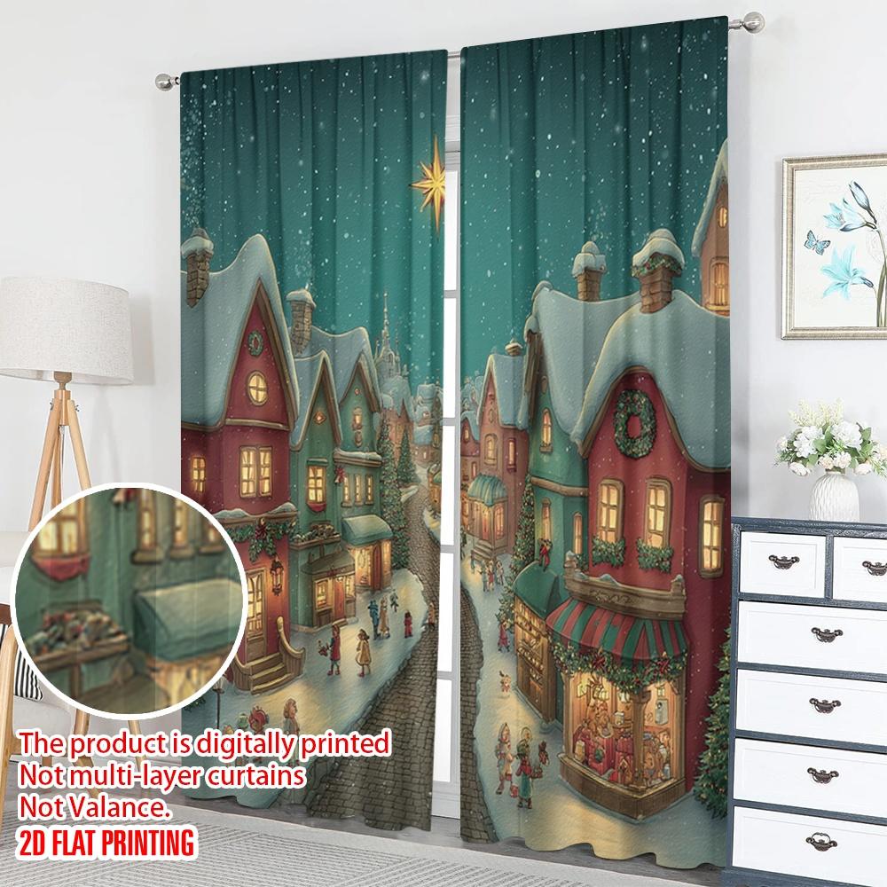 2pcs 2D flat printing Christmas Hot Party Curtains Christmas Village Snow Town Scene Digital Printed Polyester Drapes Birthday