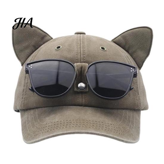 Adjustable Sun Hat with Sunglasses Cat Ear Trucker Hat, Baseball Cap Detachable Sunglasses, Curved Brim Protection Pilot Style for Outdoor Travel