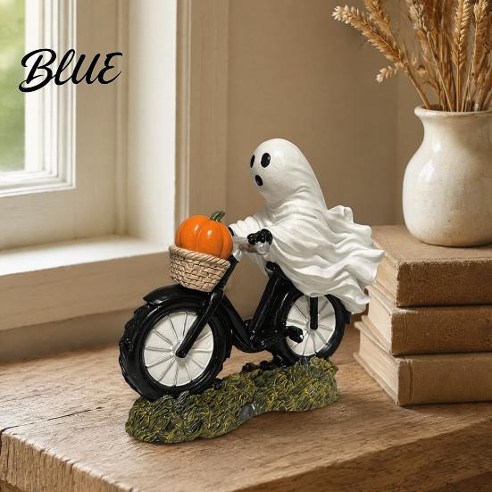 Detailed Resin Ghost Figurine Halloween Riding Motorcycle Figurine Novelty Rider Artistic Craft Statue with Pumpkin for Indoor Home Desk Tabletop