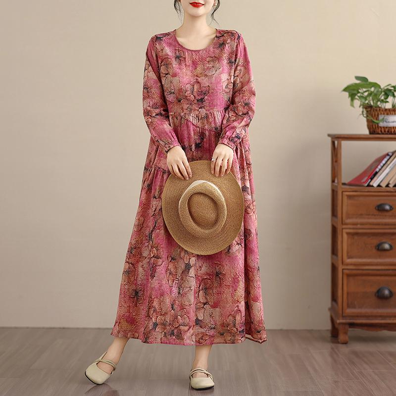 DIMANAF New 2026 Women Plus Size Spring Summer Vintage Long Dress Loose Oversize Long Sleeve Maxi Floral Print
