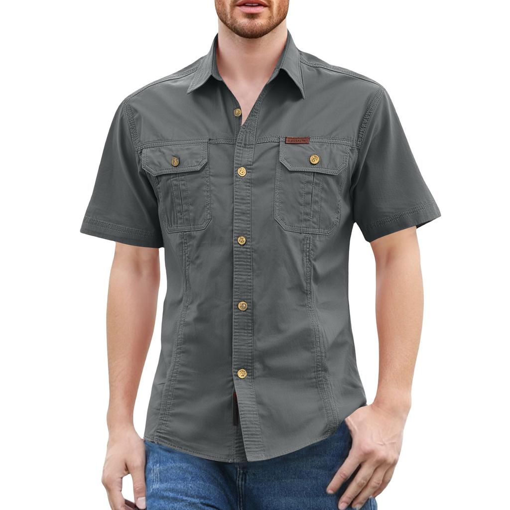 Men'S Shirt With Double Pockets Casual Short Sleeved Top Fashionable Cardigan