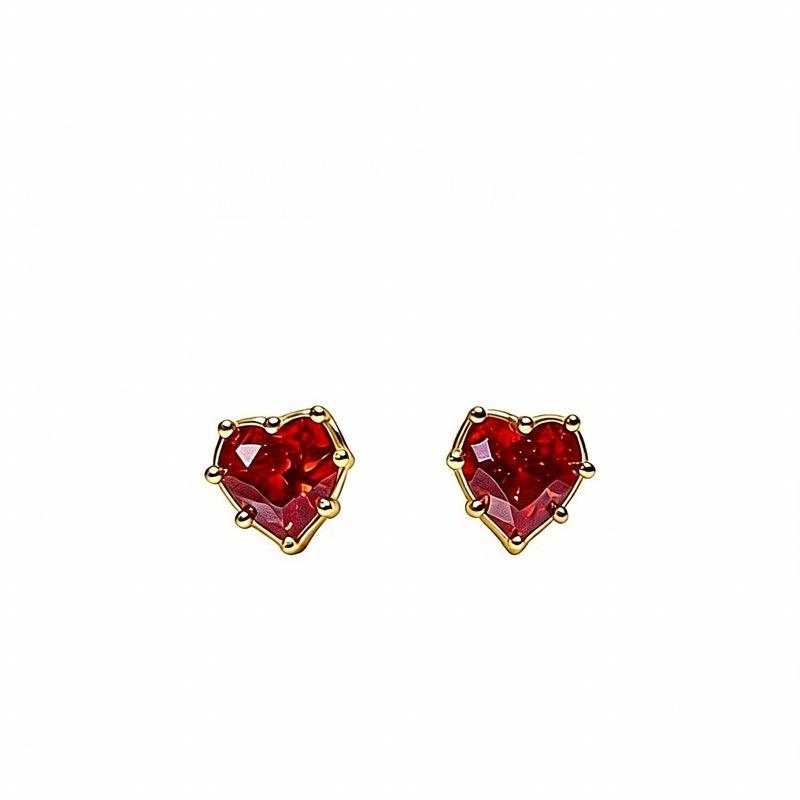 

Real 925 Sterling Silver Gold Plated Red Heart Gem Stud Earrings for Women - Vintage Rivet Edge Love Shape Fashion Jewelry золотой