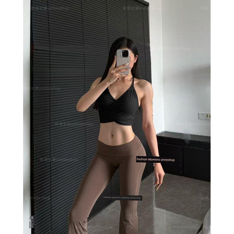 

European and American Sexy Yoga Bra Thin Drawstring Hanging Neck Beauty Back Sports Underwear Gyaru Pilates Workout Clothes With Chest Pad Black L