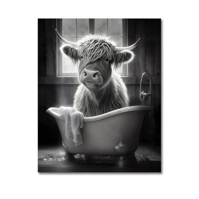 Funny Highland Cow On Toilet Wall Art Poster Prints Rustic Farmhouse Style Canvas Painting Picture for Bathroom Room Home Decor